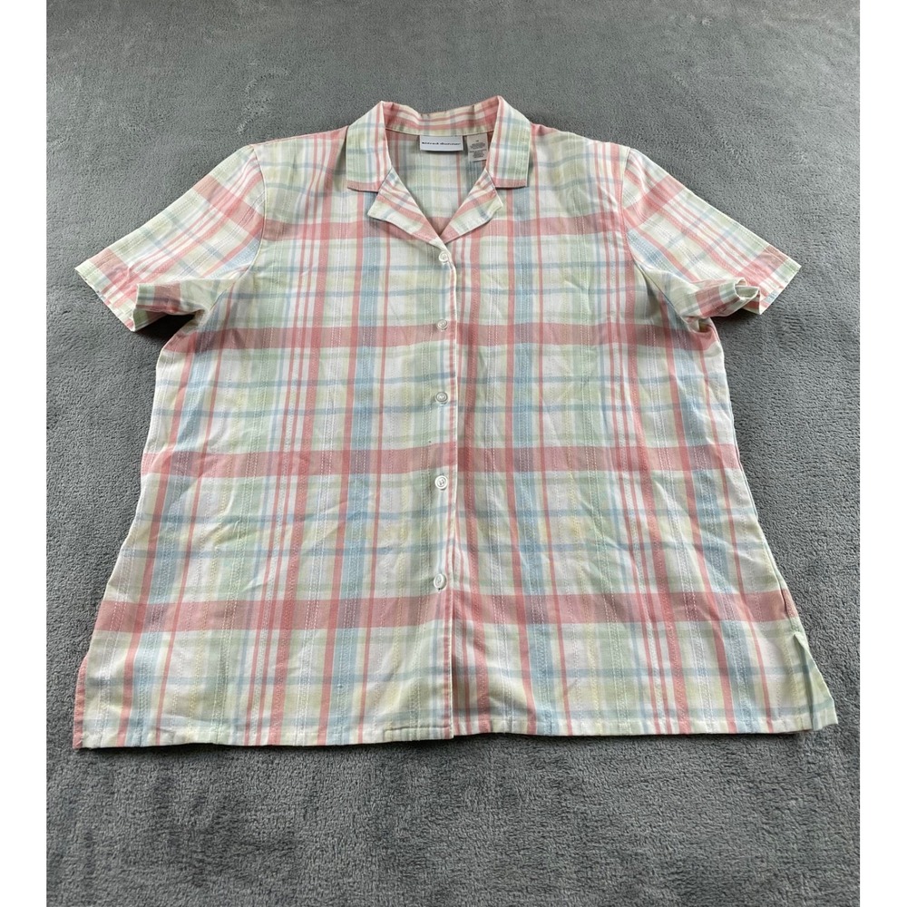 Alfred Dunner Womens Pastel Plaid Button Up Shirt Short Sleeve Notched Collar 16